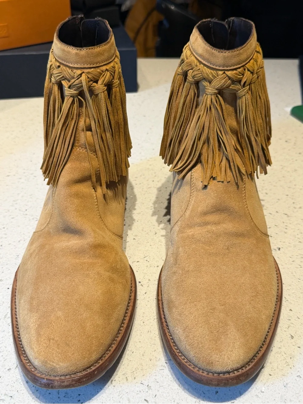 Jimmy choo Men's Suede Fringe Ankle Boots in Tan back zip